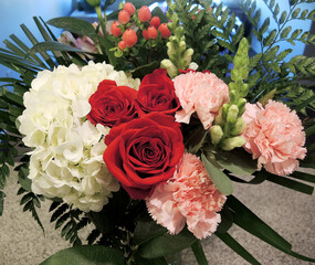 Beautiful bouquet of roses and carnations