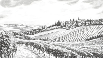 Fototapeta premium A scenic black and white illustration of rolling vineyards and a countryside villa under a cloudy sky.
