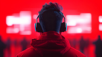 Man in Red Hoodie Wearing Headphones Facing a Blurred Crowd and Bright Red Screen