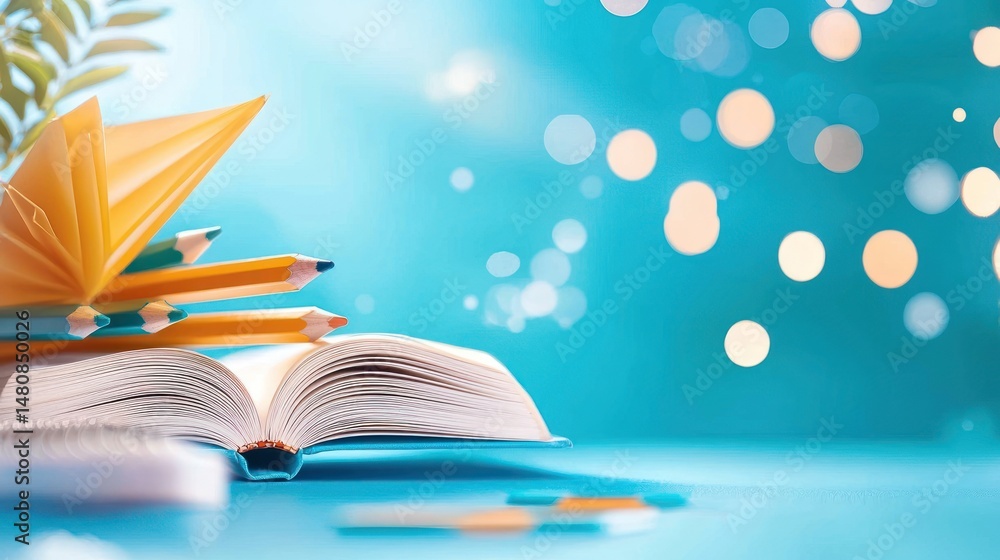 Poster open book with pencils and paper crane against bokeh background