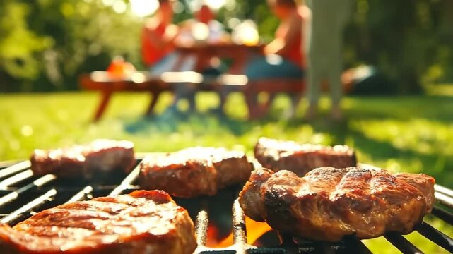 People grill meat in the yard or park, picnic, barbecue and outdoor recreation