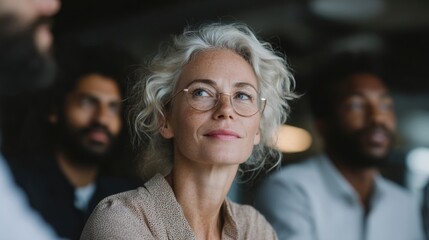 Fototapeta premium Female Leader Addressing Multicultural Team During Meeting with Engaging Expression and Professional Atmosphere in Modern Workspace
