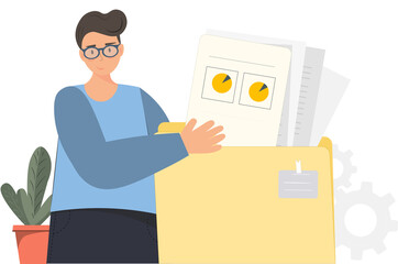Man managing document, find, search information in the folders on plain backgroung