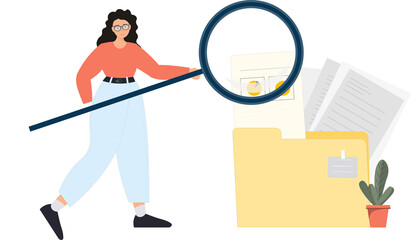 Person searching information in file folder with magnifier glass, manager work