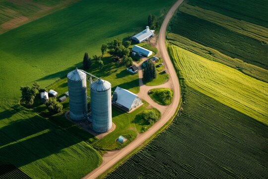 Aerial view presents farmhouse buildings, metal silo, farm road, and cultivated crop field in rural agricultural landscape