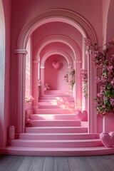 Naklejka premium Romantic decorative archway with pink hearts and floral embellishments
