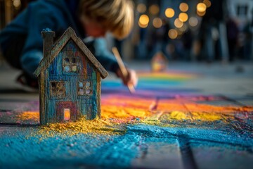 Child draws rainbow chalk mural near painted wooden house miniature, colorful creative sidewalk drawing activity outdoors