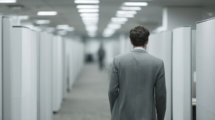 Man with Slumped Shoulders Walking Through Empty Office Cubicles Reflecting Feelings of Isolation and Disconnection in a Corporate Environment