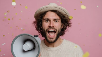 Man Shouting Through Megaphone Surrounded by Colorful Confetti Explosion Against Pink Background, Expressing Excitement and Celebration