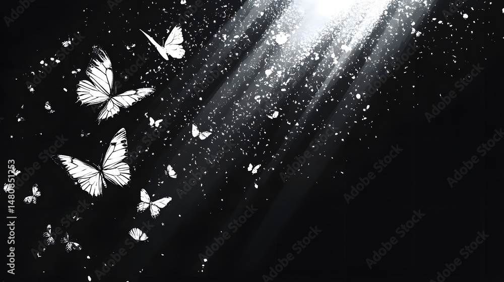 Poster a mesmerizing display of white butterflies floating through beams of light against a dark background