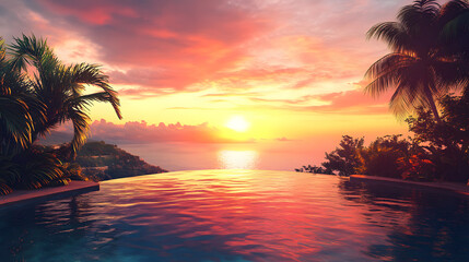 Stunning sunset over infinity pool surrounded by lush tropical greenery, evoking tranquility and natural beauty.