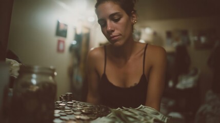 Woman Counting Coins in a Dimly Lit Apartment Reflecting Financial Struggles and Personal Challenges with Money Management at Home