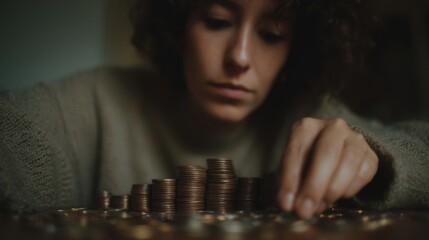 Woman Counting Coins in Dimly Lit Apartment, Reflecting on Financial Situation and Future Savings