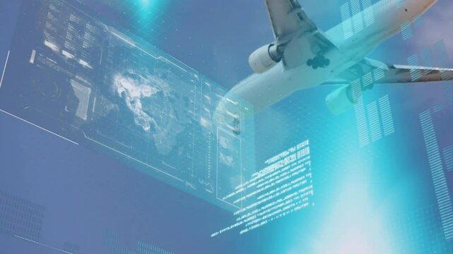 White passenger jet flying through interface, displaying holographic map, grid lines, code blocks