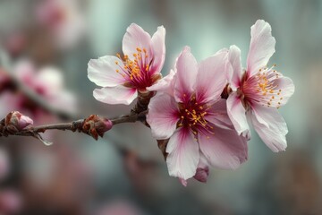 Obraz premium Delicate Almond Blossoms on Branch with Pink Petals, Emerging Buds, and Prominent Stamens in Soft Light