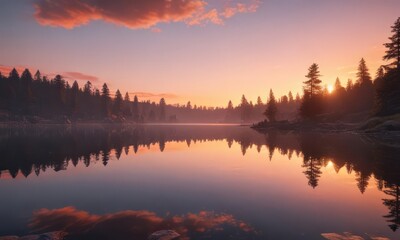 Obraz premium Tranquil lake mirrors a vibrant sunset, still and reflective, sunset, background