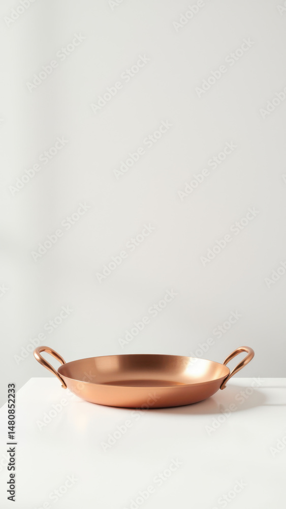 Poster a copper-colored skillet on a white table with a gradient background transitioning from white to gra