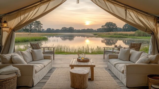 Fototapeta Serene sunrise view from safari camp