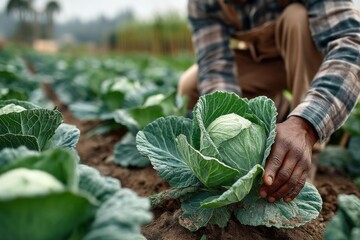 African farmer examining cabbage on farm, rows of fresh produce, sustainable agriculture and organic farming practices
