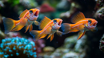 Obraz premium Three vibrant orange fish with striking blue and white markings swim in a lively reef tank