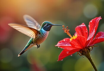 Naklejka premium Hummingbird hovering near a vibrant red flower during a sunny day in a lush garden