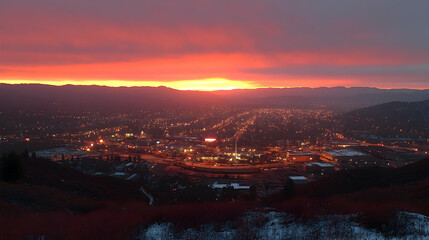 Fototapeta premium Vibrant sunset over a valley city at twilight, illuminating houses and buildings with warm light