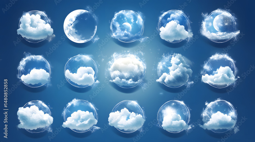 Poster a creative arrangement of clouds in various shapes and sizes, showcasing different weather patterns 