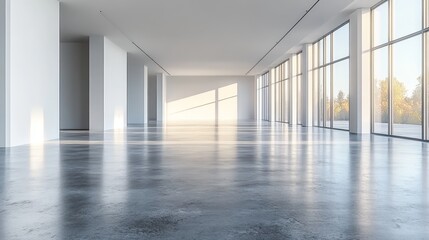 Fototapeta premium Bright spacious modern interior with polished floor and large glass windows.