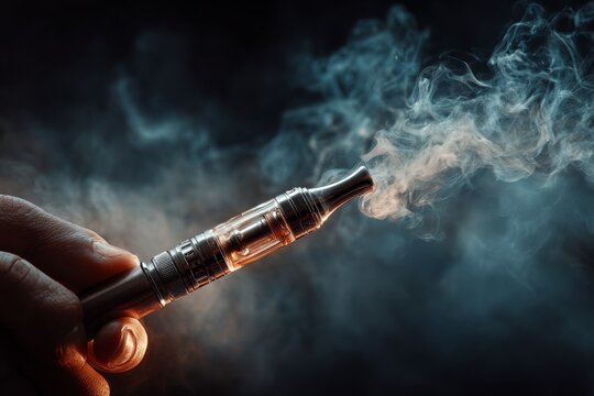 Hand Holding Vaping Device Exhaling Vapor Cloud in a Dark Studio Setting for Relaxing and Smoking Alternative Concept