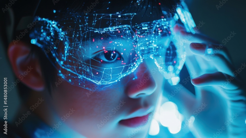 Poster close-up view of a person wearing futuristic glasses with glowing network patterns.