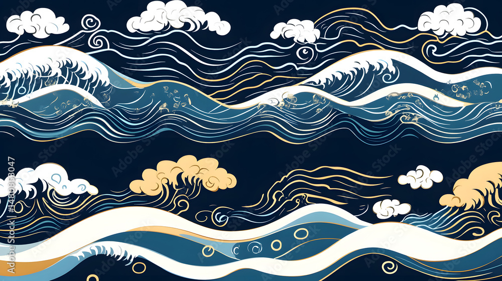 Poster Abstract ocean waves with dynamic lines and vibrant colors create a captivating pattern.