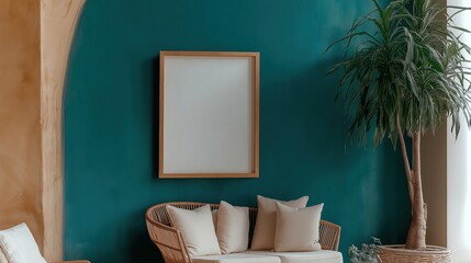 A large white background within a wooden frame stands out on a textured blue wall, offering a clean, minimalist canvas for art, reflection, or scripture in a serene Mediterranean setting.