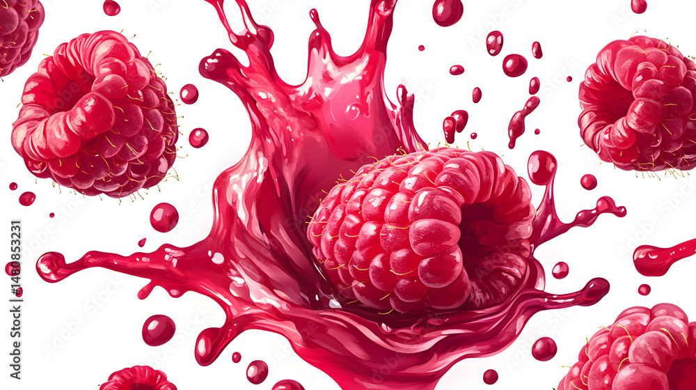 Poster a vibrant splash of raspberry juice surrounds fresh raspberries, creating a dynamic and colorful sce