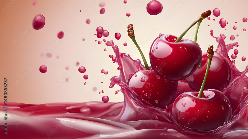 Poster fresh, juicy cherries splashing in vibrant red liquid, creating a refreshing and dynamic scene.