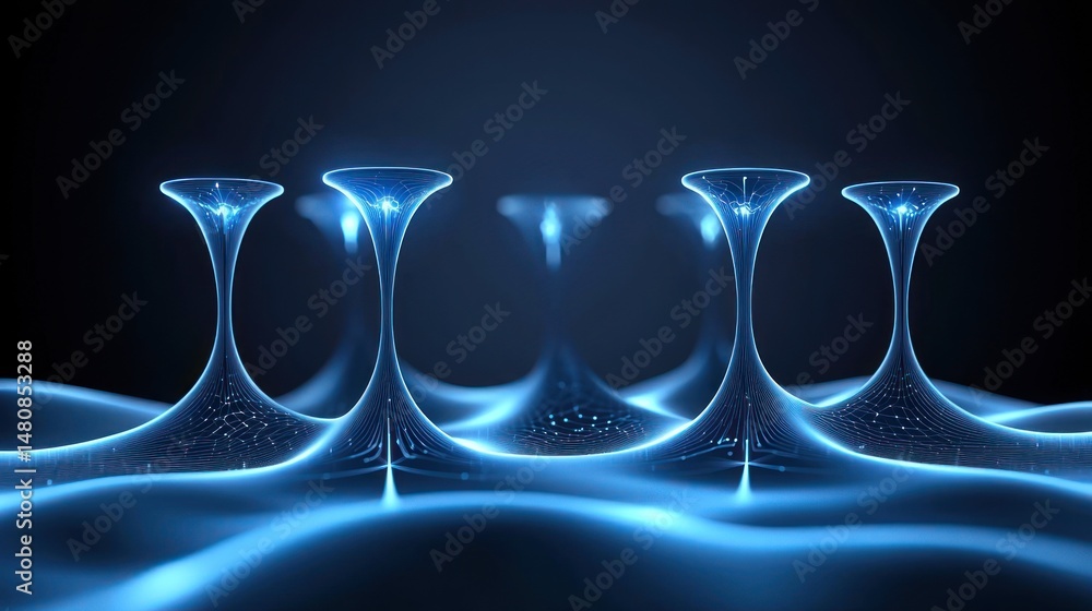 Poster Digital landscape with illuminated towers interconnected by flowing data streams