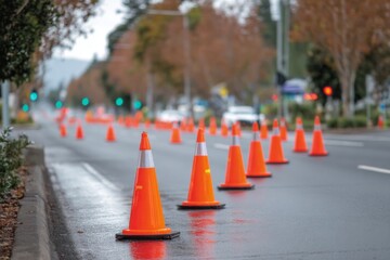 Long row of traffic cones on wet asphalt roadway, construction site safety measures, traffic control for road maintenance