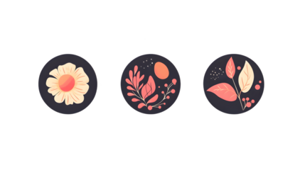 Three minimalist botanical illustrations featuring floral and leaf designs on a dark background.