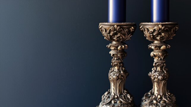 Two ornate bronze candlesticks with matte royal blue candles, detailed carvings on the candlestick body, white background enhancing the contrast, minimalist yet elegant presentation․