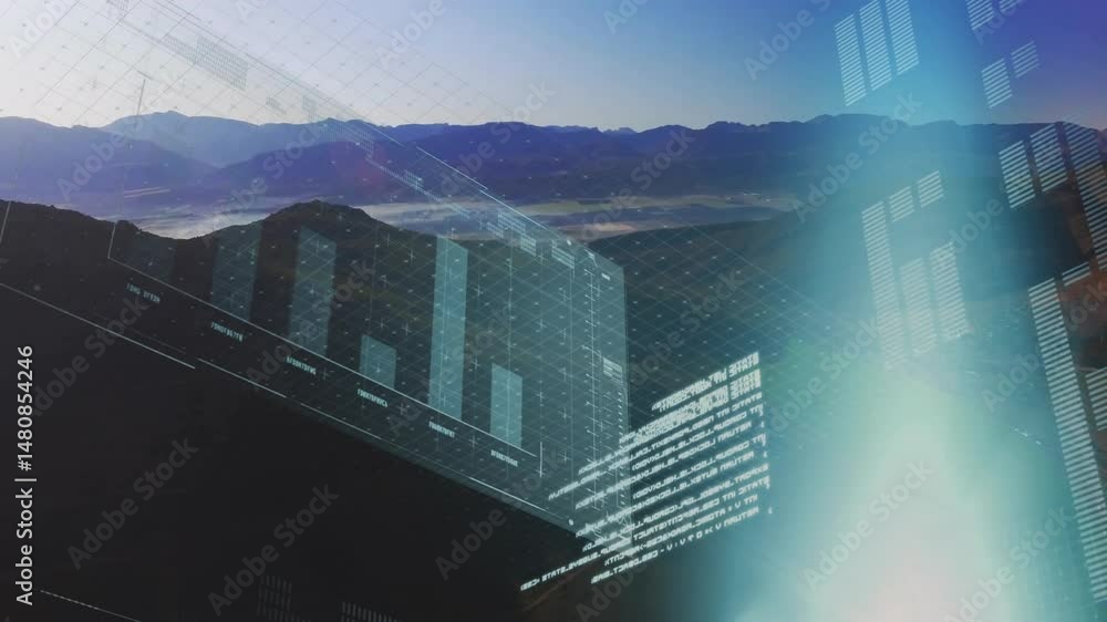 Poster translucent digital interface floating over valley displaying 3d bar graphs, grid and code streams