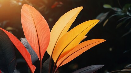 A close-up view of vibrant, tropical leaves in shades of orange, yellow, and red.