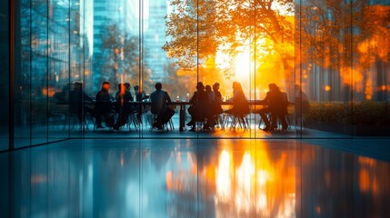 Silhouetted team meeting in glass office during golden hour sunset reflections.