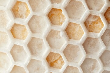 Fototapeta premium Close-up of honeycomb filled with honey, showcasing the hexagonal structure and golden honey.