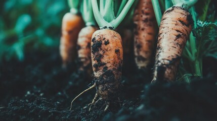 Freshly harvested carrots in soil close up view of organic vegetables