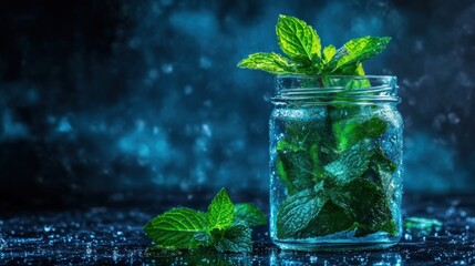 Fresh mint leaves in glass jar water droplets dark blue background