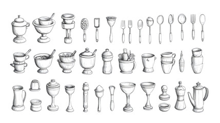 A collection of various kitchen utensils and containers illustrated in a vintage style.