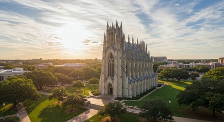 Obraz premium Majestic Cathedral at Sunset - A stunning aerial view of a grand cathedral bathed in the golden light of sunset, surrounded by lush green lawns and trees