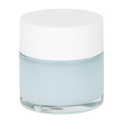 blue face cream in glass jar with white lid isolated on white background