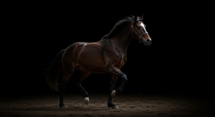 Obraz premium Majestic Stallion Galloping Night Dramatic - A powerful stallion gallops across a dark background, symbolizing freedom, strength, grace, power, and elegance
