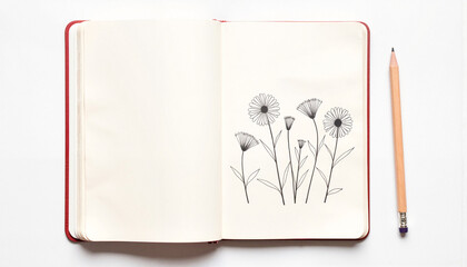 Minimalistic journal with hand-drawn flower sketches, calm creativity