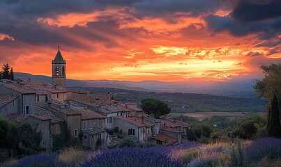 Stunning sunset over a quaint village nestled amidst lavender fields